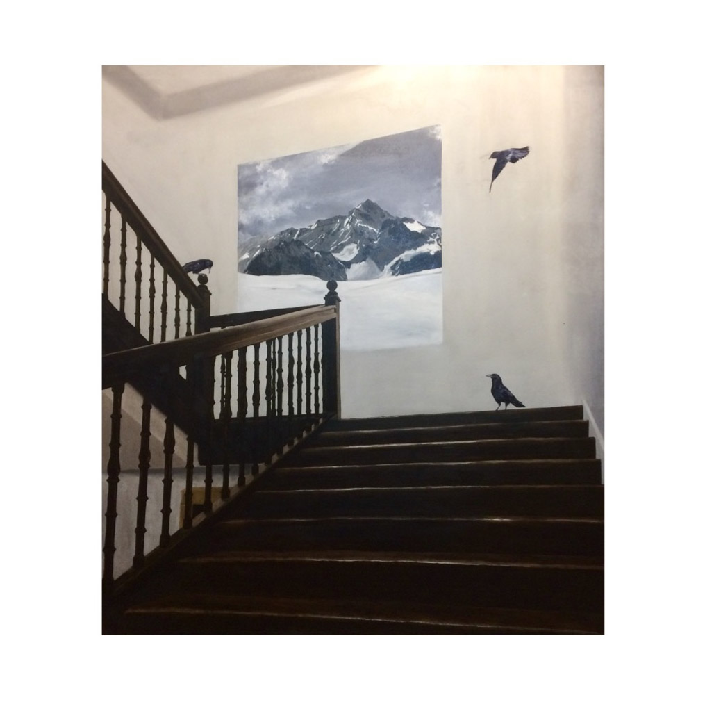 pintura de faustino con cuervos y escalera